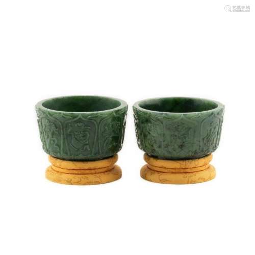 PAIR OF GREEN JADE CENSERS ON STAND