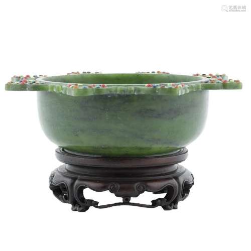 A GREEN JADE INLAID 8 CORNERED BOWL ON STAND