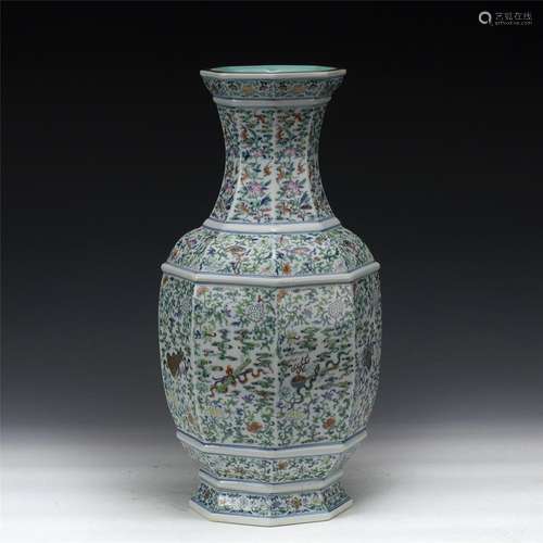 QING QIANLONG DOUCAI HEXAGONAL VASE