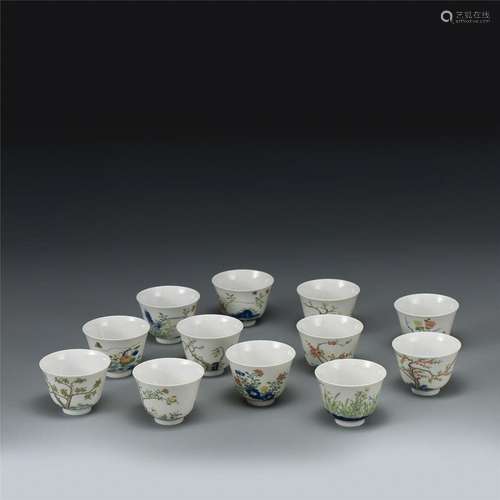 SET OF 12 QING KANGXI FLOWERS PORCELAIN WINE CUPS