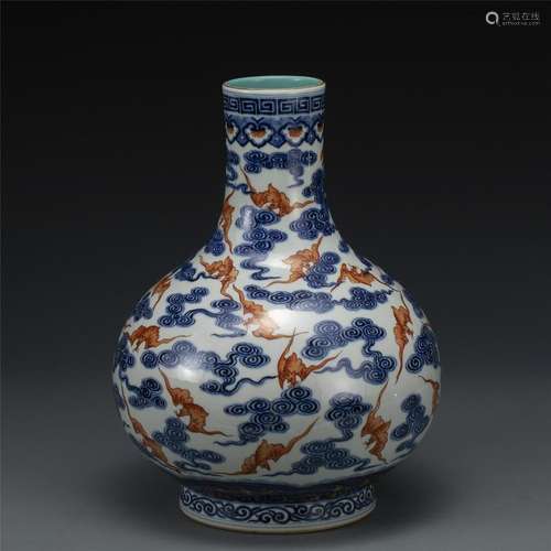 QING XUANTONG BLUE & WHITE ALUM RED VASE