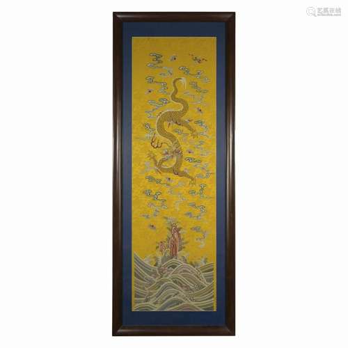 FRAMED 18/19TH C EMBROIDERY DRAGON SILK PANEL