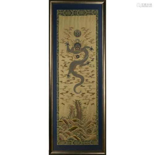 19TH C FRAMED QING BLUE DRAGON SILK KESI