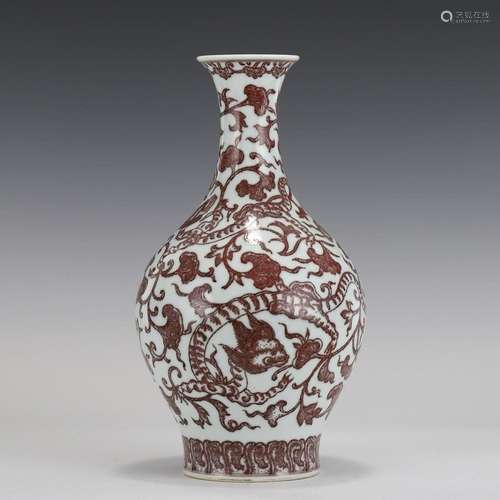 IRON-RED GLAZED DRAGON & COCKSOMBS VASE