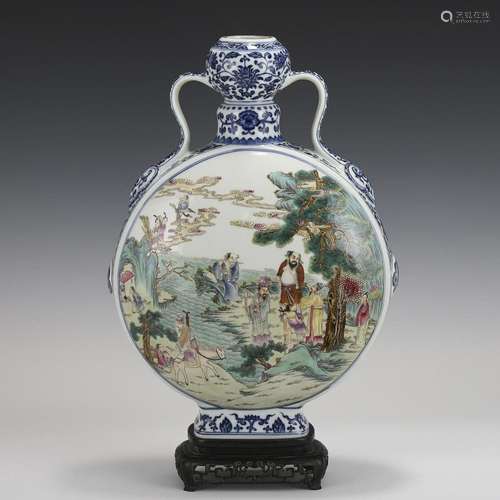 QIANLONG FAMILLE ROSE IMMORTAS MOON FLASK ON HARDWOOD STAND