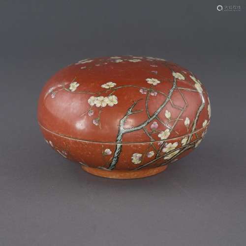 JIAQING CHERRY BLOSSOM OVER RED GLAZED LIDDED BOX