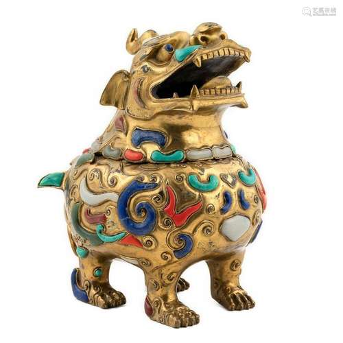 GILT BRONZE & STONES INLAID QILIN CENSER