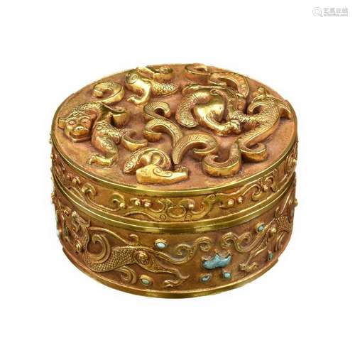 TANG GILT BRONZE & STONES INLAID TRINKET BOX