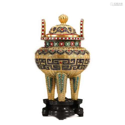 GILT BRONZE SEMI-PRECIOUS STONES INLAID TRIPOD CENSER