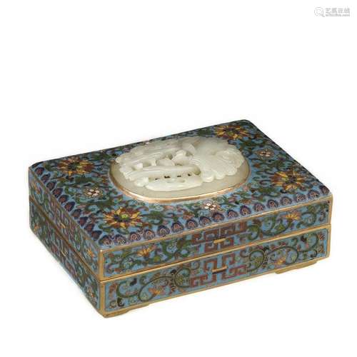 QING JADE INLAID GILT BRONZE CLOISONNE LIDDED BOX