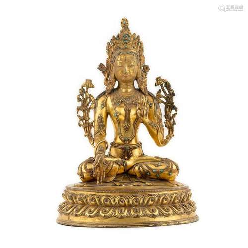 LARGE QING GILT BRONZE INLAID BUDDHA TARA