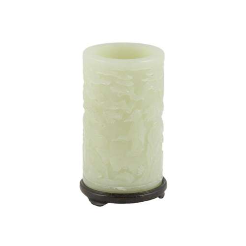 WHITE JADE CARVED CYLINDRICAL BRUSH POT ON STAND