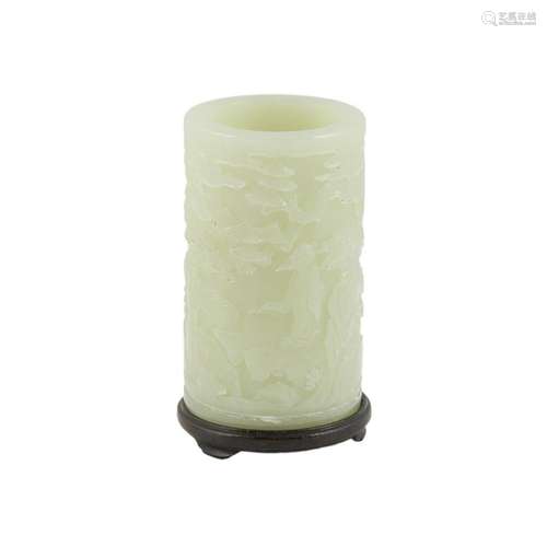 WHITE JADE CARVED CYLINDRICAL BRUSH POT ON STAND