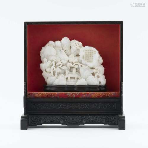 WHITE JADE MOUNTAIN IN HARDWOOD DISPLAY BOX