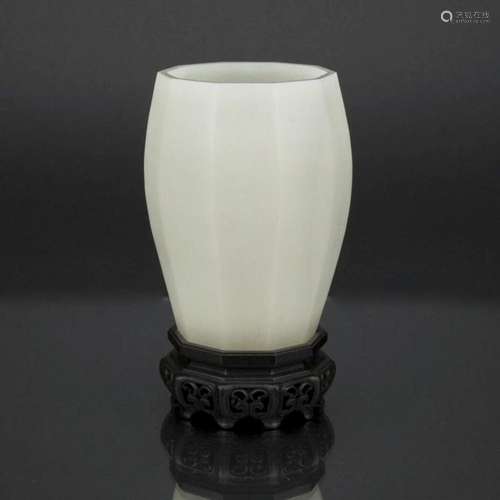 CARVED WHITE JADE BRUSH POT ON STAND