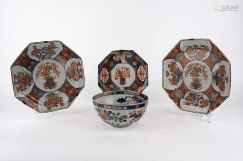 A lot of three Imari plates and a bowl. Japan, Meiji Period ...