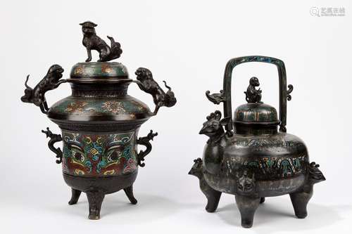 Two bronze and enamel censers. Japan, early 20th c.