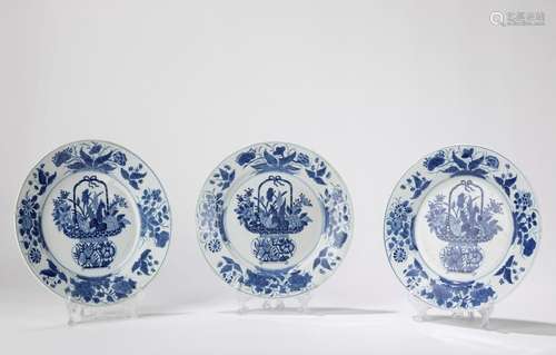 Three blue and white porcelain plates. China, Qianlong perio...