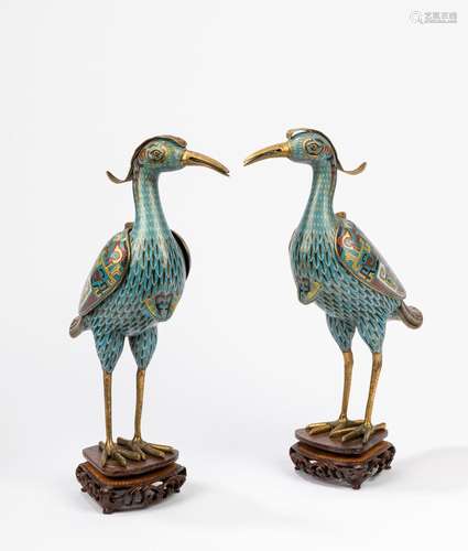 A pair of cloisonné enamel cranes. China, Republic Period (1...