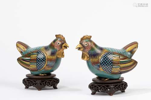 A pair of cloisonné enamel hens. China, Republic Period (191...