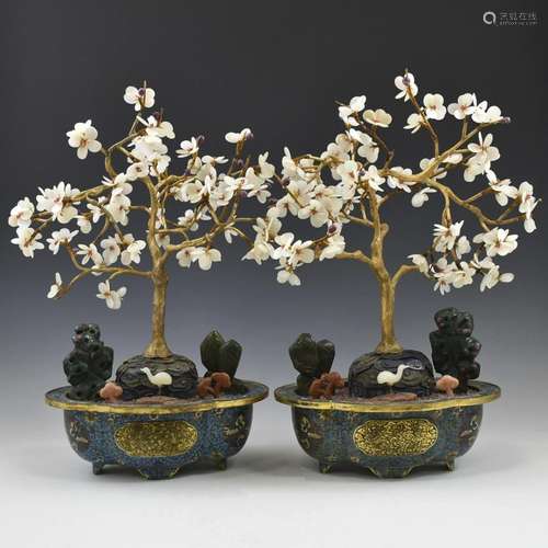 PAIR OF GILT BRONZE CLOISSONNE FLOWERING PLANTS