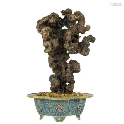 SCHOLARS STONE ON GILT BRONZE CLOISONNE PLANT POT