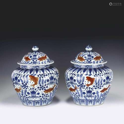 PAIR JIAJING BLUE & WHITE ALUM RED FISH LIDDED JARS