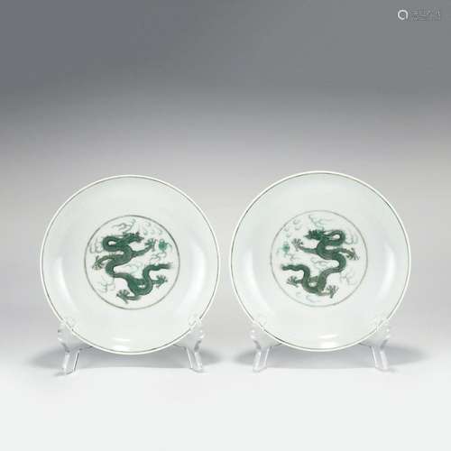 A PAIR OF YONGZHENG GREEN DRAGON LARGE BOWLS