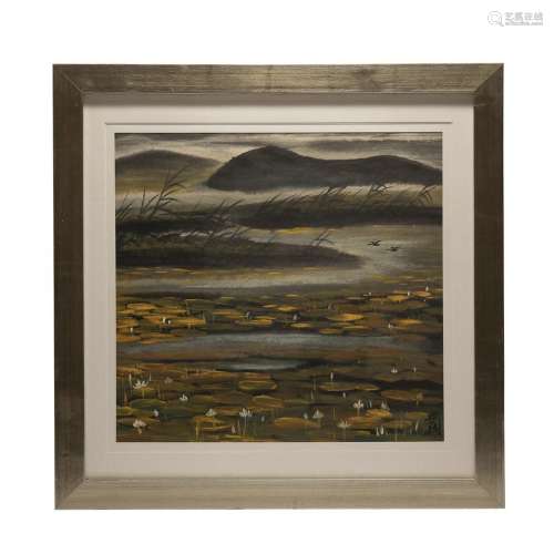 Framed Lin FengMian Night Pond Painting