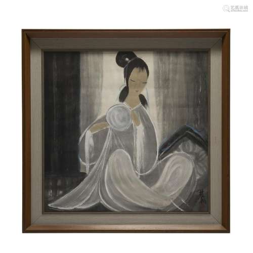 Framed Lin FengMian Female in white Dress Painting