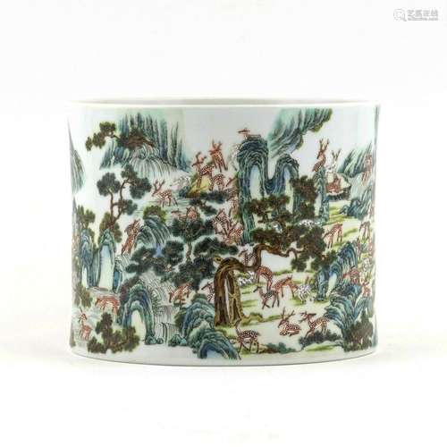 QING POLYCHROME LANDSCAPE PORCELAIN BRUSH POT