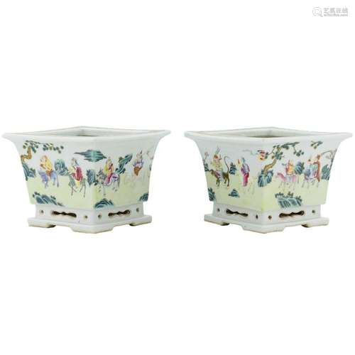 PAIR OF QING PORCELAIN SQUARE PLANT POTS