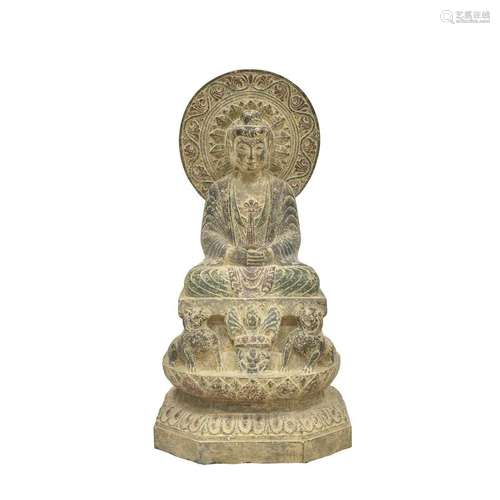 ANTIQUE CHINESE CARVED STONE BUDDHA ON STAND