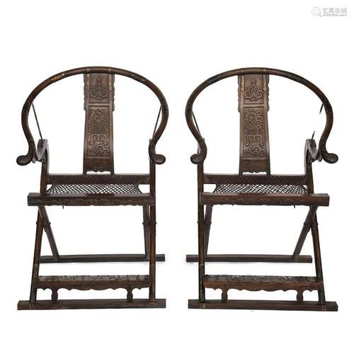 PAIR BRASS-MOUNTED HUANGHUALI FOLDING CHAIRS, JIAOYI