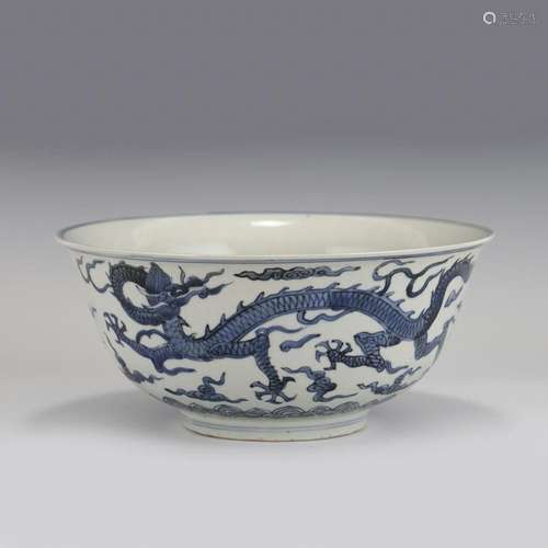 MING BLUE & WHITE DRAGON BOWL