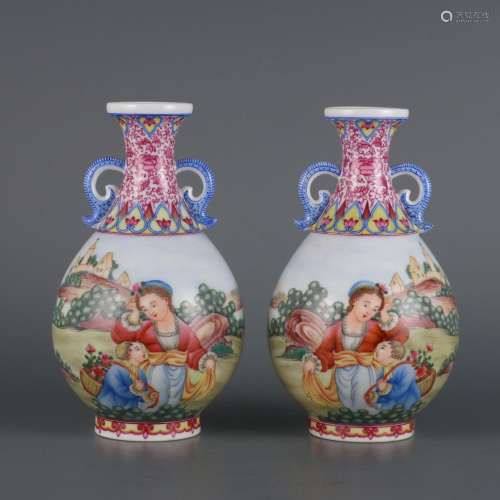 A pair of enamelled figure amphora