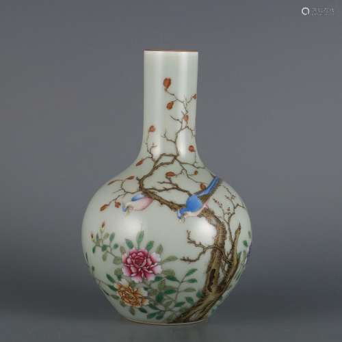 Bean green glaze and pastel flower and bird pattern small ce...
