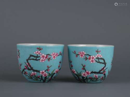 Pair of pastel plum blossom cups