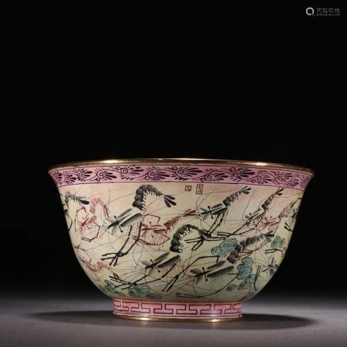 Bronze Bowl with Enamel and Shrimp Pattern