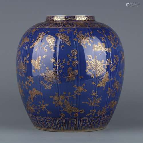 Ji blue glaze painted gold butterfly flower pattern melon wa...