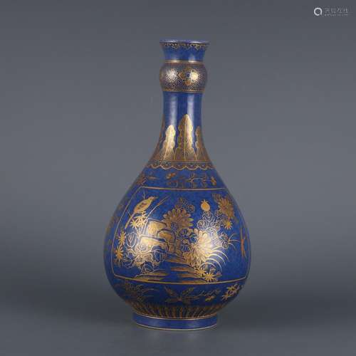 Garlic Vase with Blue Glaze and Gold Flower and Bird Pattern