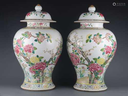 A pair of pastel peony flower general jars