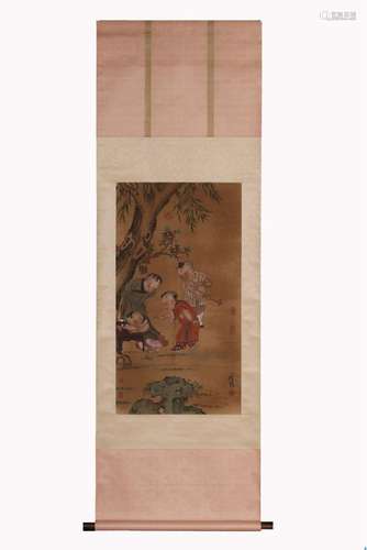 Hanging Scroll of Baby Playing on Silk