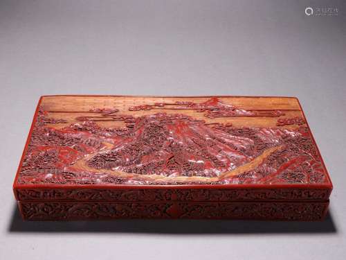 Carved red lacquer landscape artistic conception box