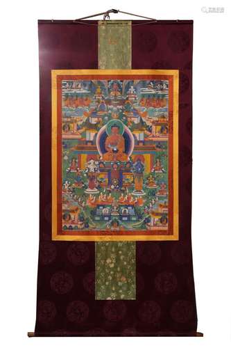 Qing Dynasty, Mineral Painted Sakyamuni Buddha Thangka