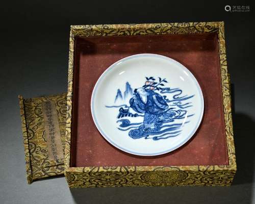 Blue and white underglaze red Dongfang Shuo stole peach plat...