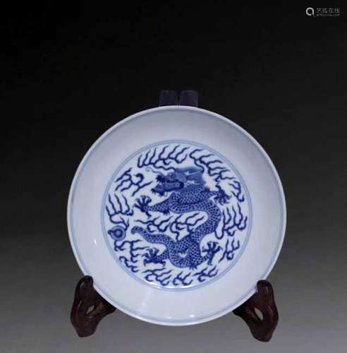 Blue and white dragon dish