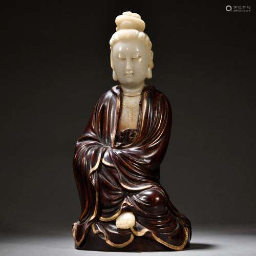 Komatsu Carved Agarwood Inlaid Hibiscus Stone Avalokitesvara...