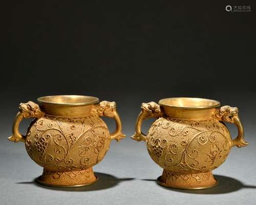 A pair of sterling silver gilt fried pearl animal ear jars