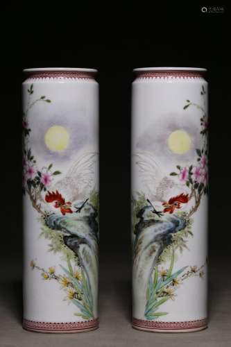 A pair of pastel rich brocade and auspicious picture pen hol...